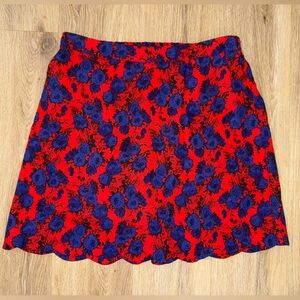 Market & Spruce Red & Blue Floral Linen Blend Skirt – Scalloped Hem, Size Large